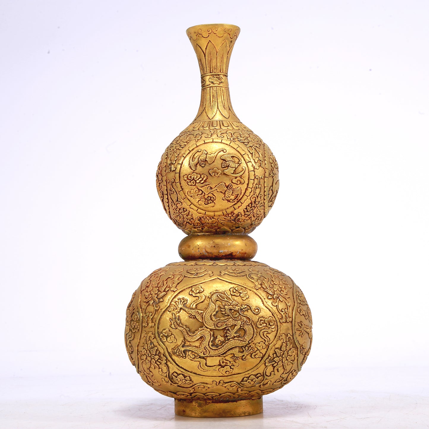 A Wonderful Gilt-Bronze 'Scrolling Lotus& Dragon' Gourd-Form Vase