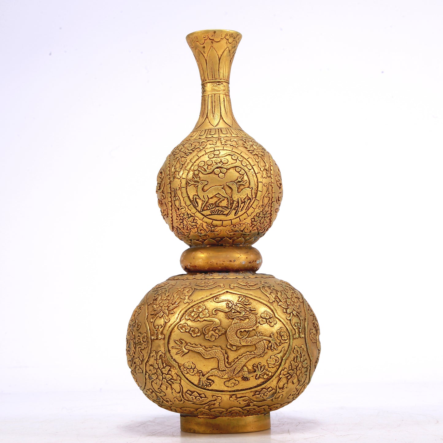A Wonderful Gilt-Bronze 'Scrolling Lotus& Dragon' Gourd-Form Vase