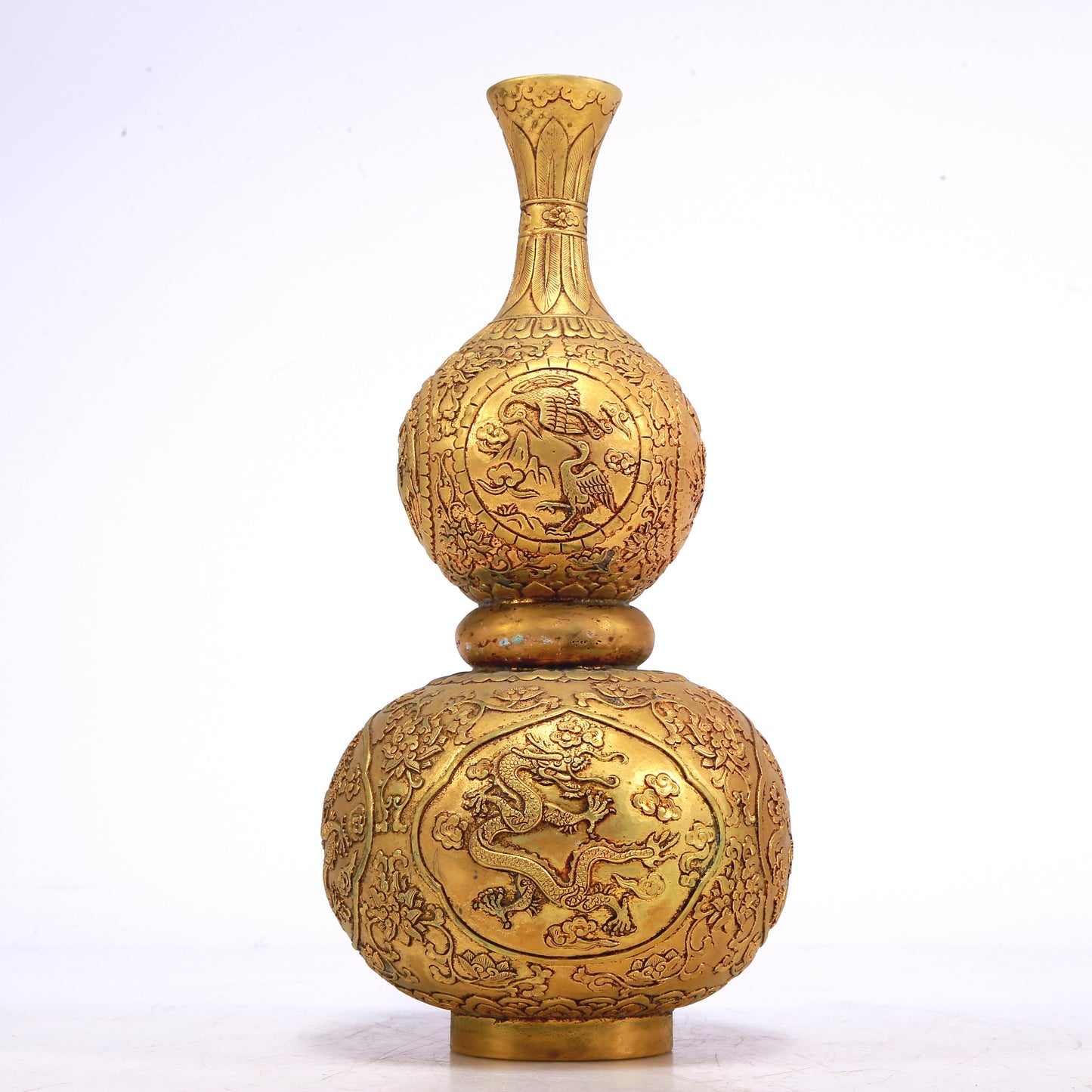 A Wonderful Gilt-Bronze 'Scrolling Lotus& Dragon' Gourd-Form Vase