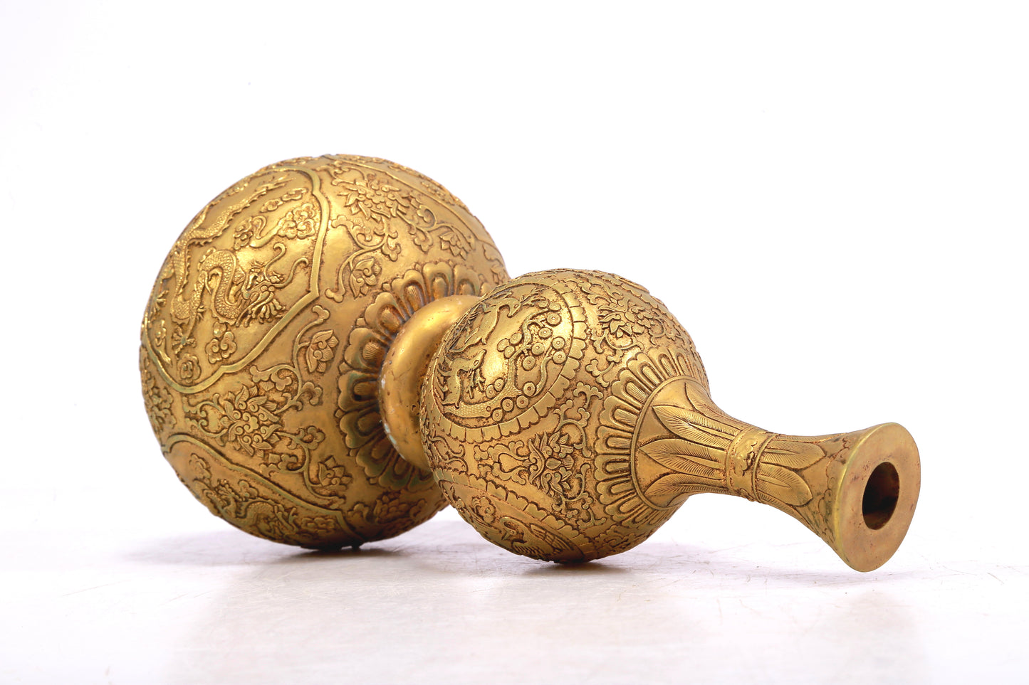 A Wonderful Gilt-Bronze 'Scrolling Lotus& Dragon' Gourd-Form Vase