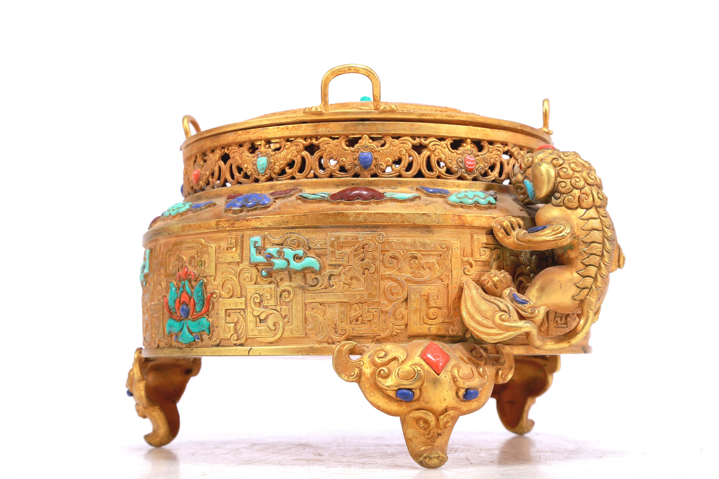 A Wonderful Gilt-Bronze Gem-Inlaid 'Scrolling Lotus, Dragon, Phoenix' Lion-Handled Tripod Censer