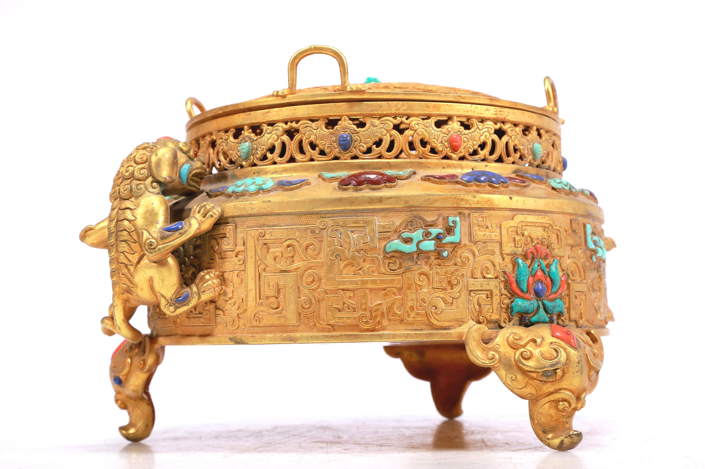 A Wonderful Gilt-Bronze Gem-Inlaid 'Scrolling Lotus, Dragon, Phoenix' Lion-Handled Tripod Censer