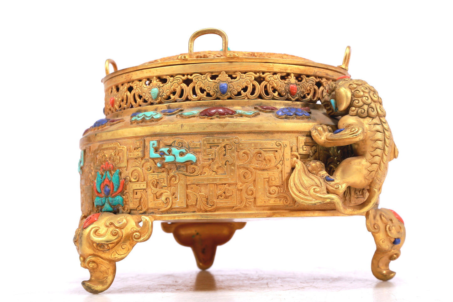 A Wonderful Gilt-Bronze Gem-Inlaid 'Scrolling Lotus, Dragon, Phoenix' Lion-Handled Tripod Censer