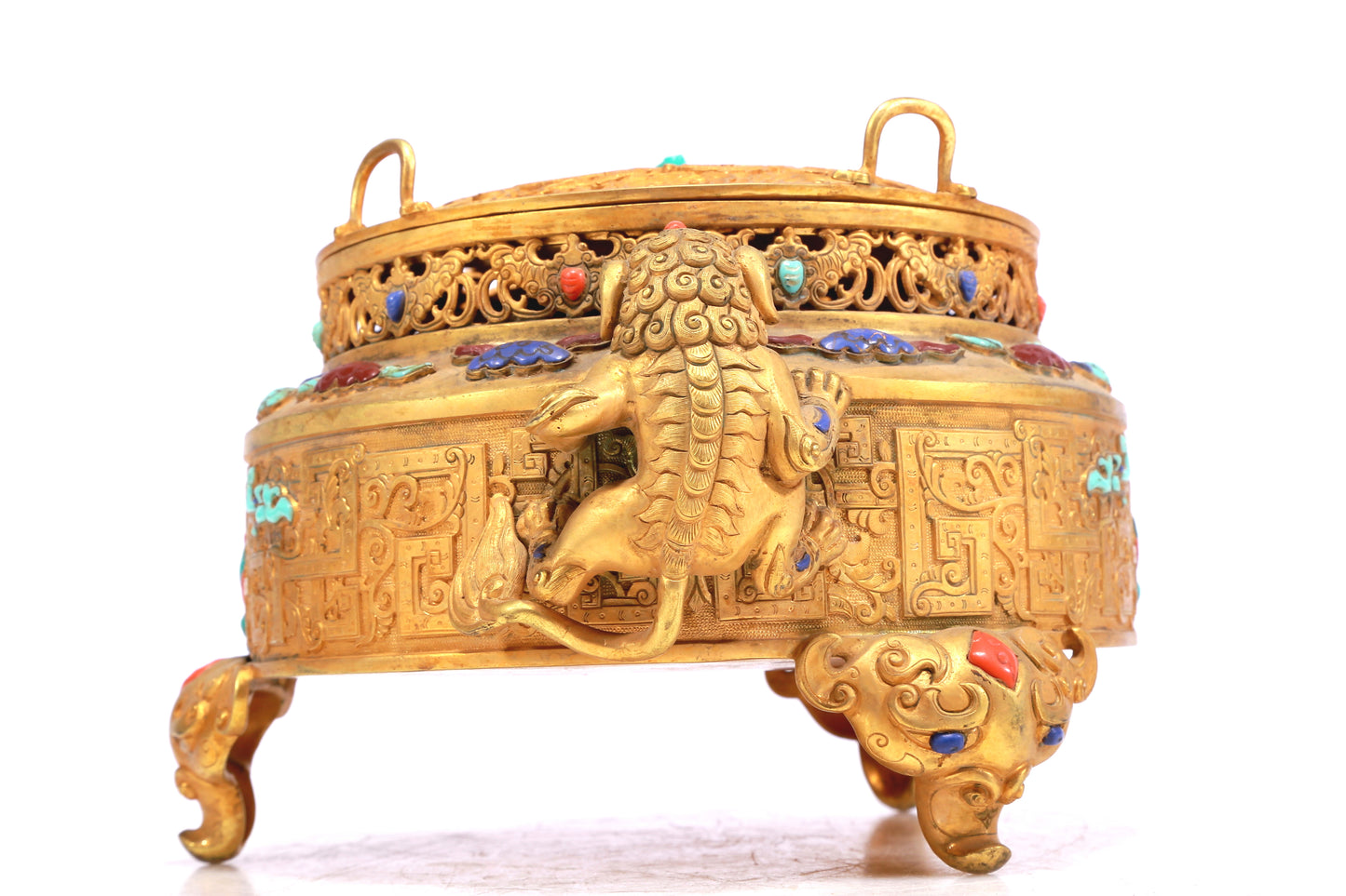 A Wonderful Gilt-Bronze Gem-Inlaid 'Scrolling Lotus, Dragon, Phoenix' Lion-Handled Tripod Censer