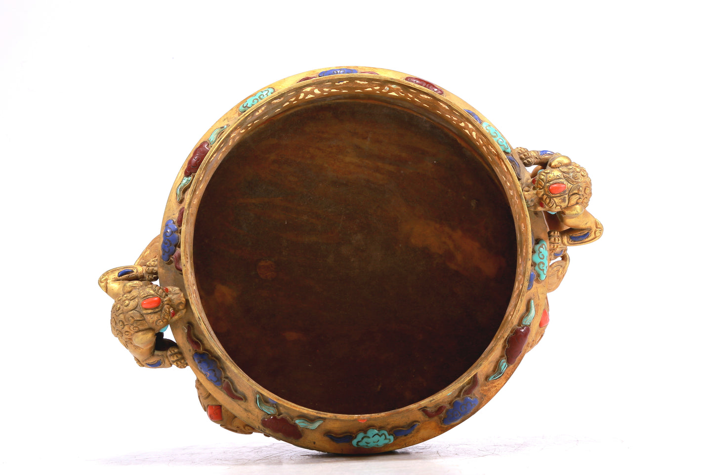 A Wonderful Gilt-Bronze Gem-Inlaid 'Scrolling Lotus, Dragon, Phoenix' Lion-Handled Tripod Censer