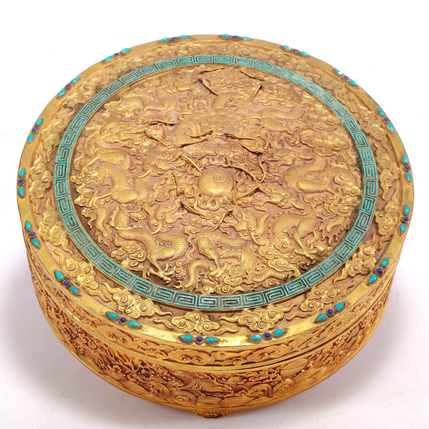 A Wonderful Gilt-Bronze Turquoise-Inlaid 'Dragon& Auspicious Cloud' Box