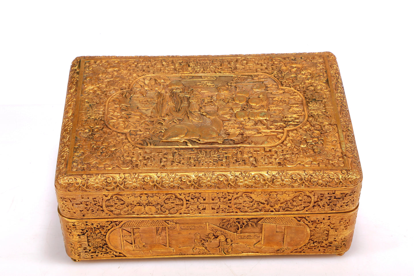 A Wonderful Gilt-Bronze 'Scrolling Lotus, Bat, Figure' Box