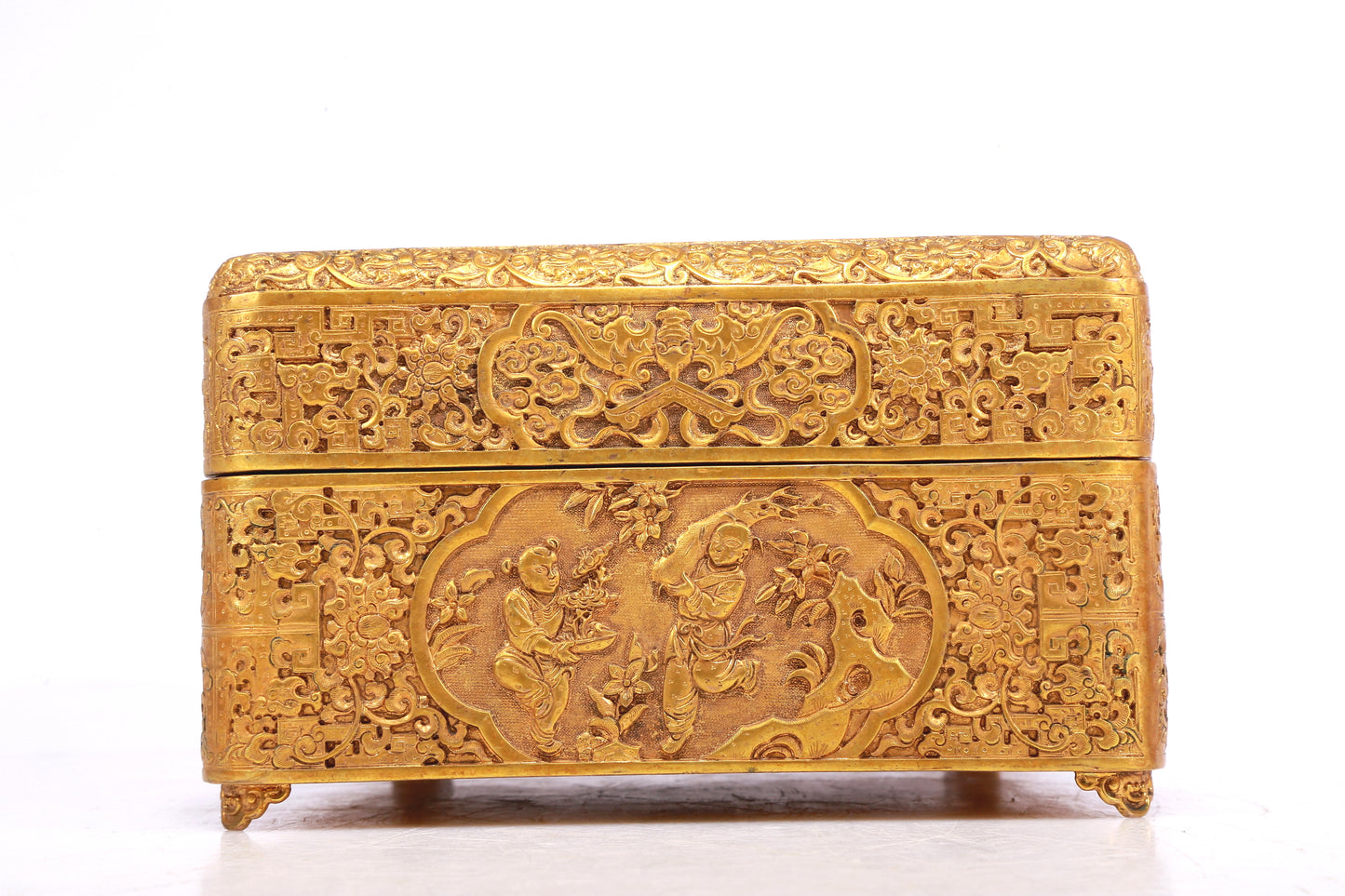 A Wonderful Gilt-Bronze 'Scrolling Lotus, Bat, Figure' Box