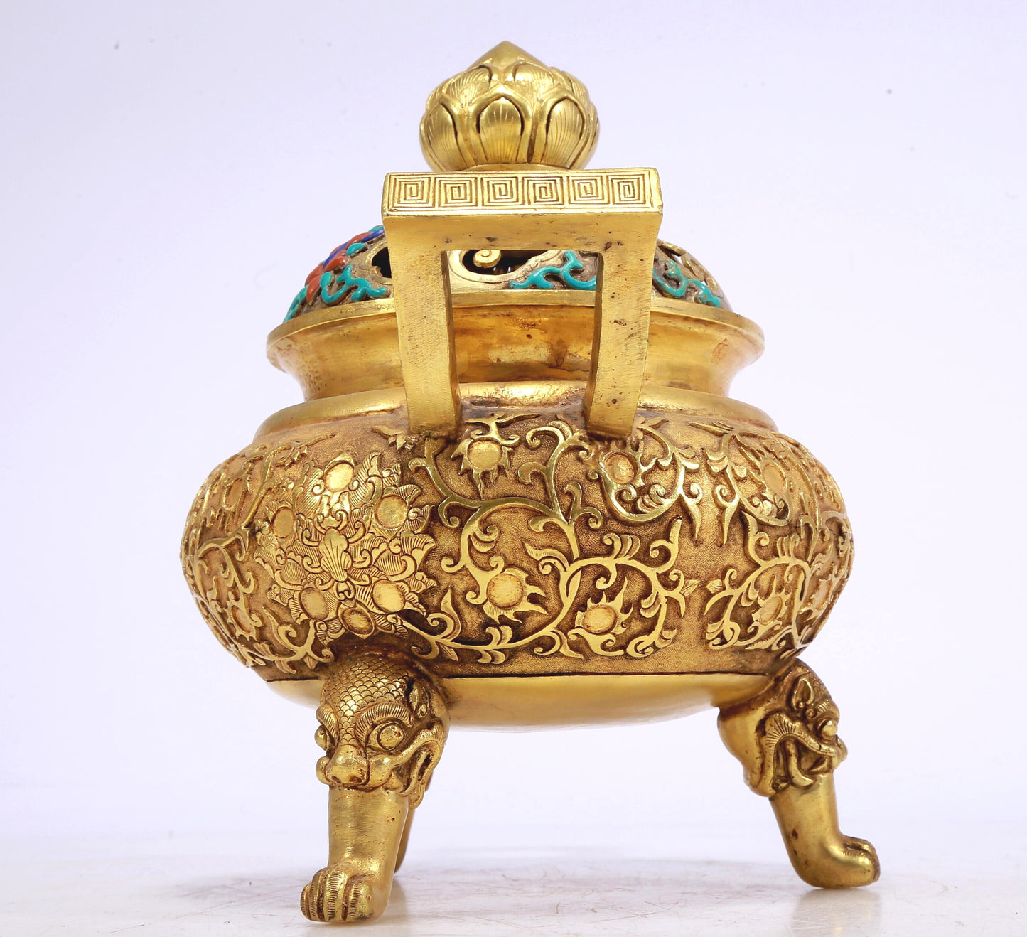 An Excellent Gilt-Bronze Gem-Inlaid 'Scrolling Lotus' Censer And Cover