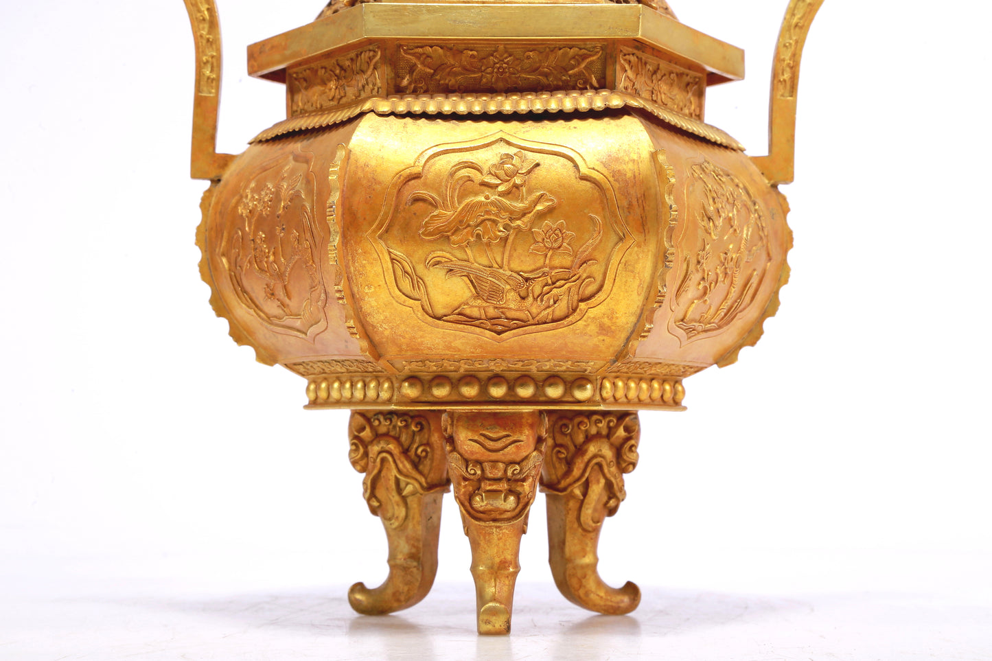 An Excellent Gilt-Bronze 'Bird& Flower' Tripod Censer And Cover