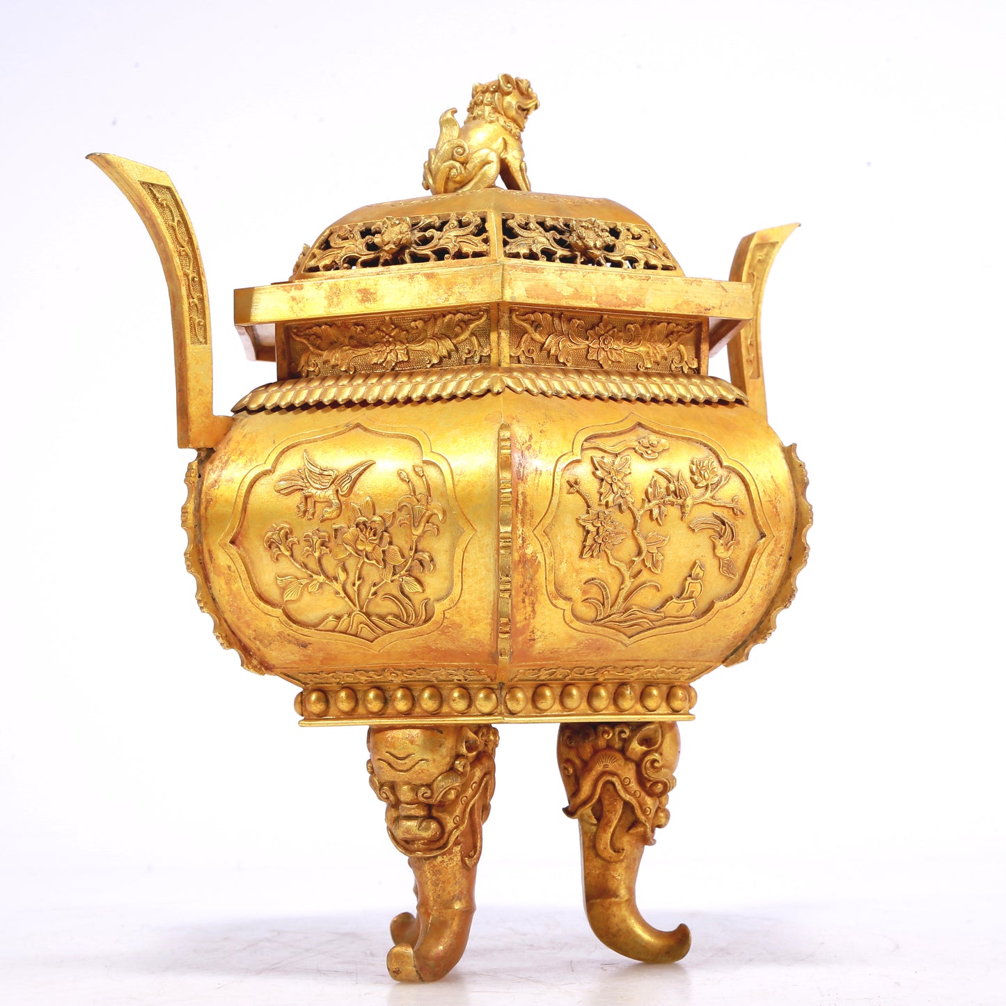 An Excellent Gilt-Bronze 'Bird& Flower' Tripod Censer And Cover