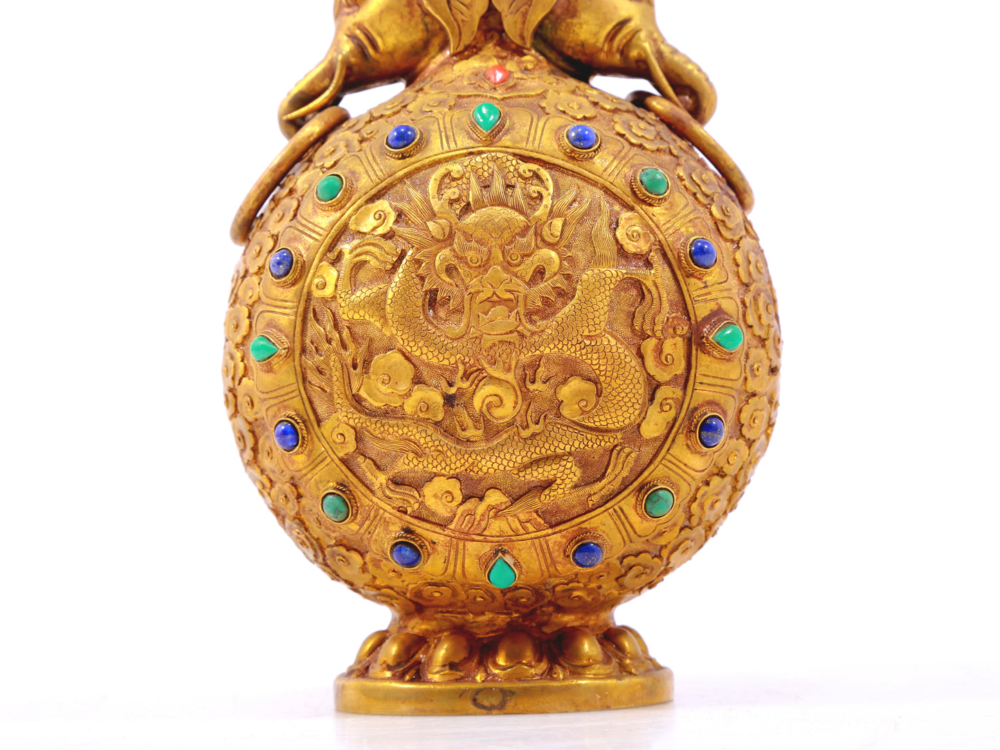 A pair of exquisite gilt bronze amphorae with lids inlaid with a hundred treasures, auspicious clouds and dragon patterns, with the middle