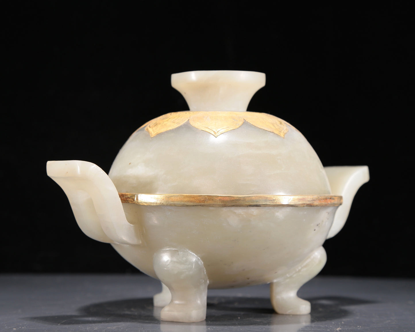 A Precious White Jade Gold-Mounted Tripod Censer And Cover