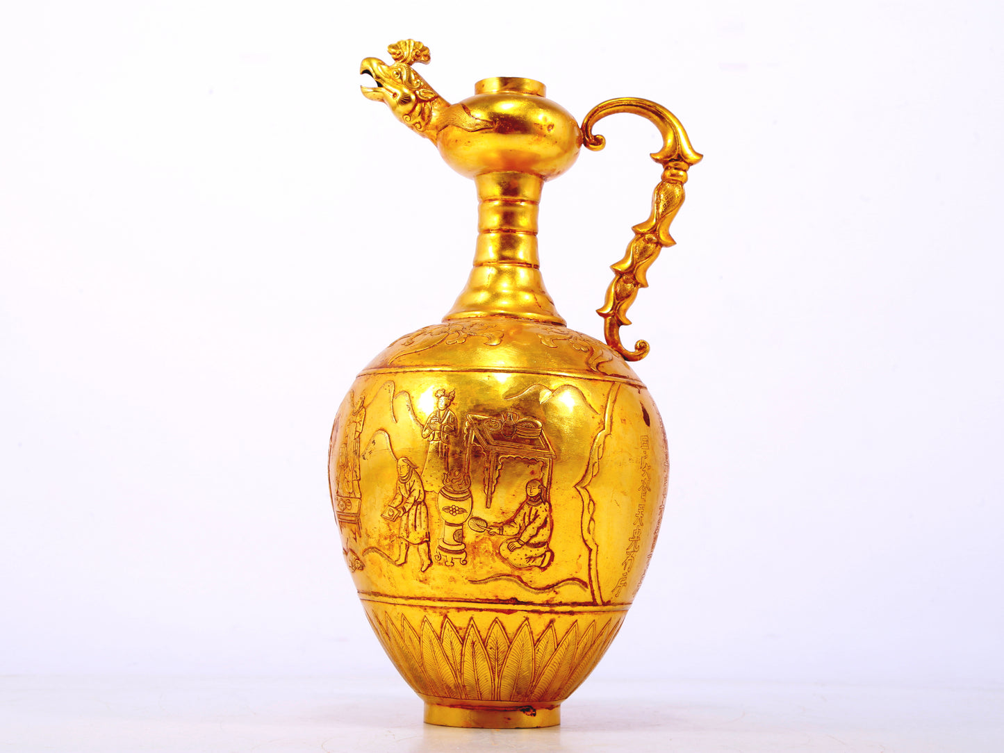 An exquisite gilt bronze landscape figure holding a pot