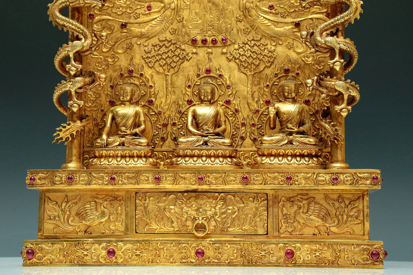 Magnificent Gilt-Bronze Figures Of Buddha With Sutra Scriptures On The Back And A Gilt-Bronze 'Dragon& Phoenix' Stand