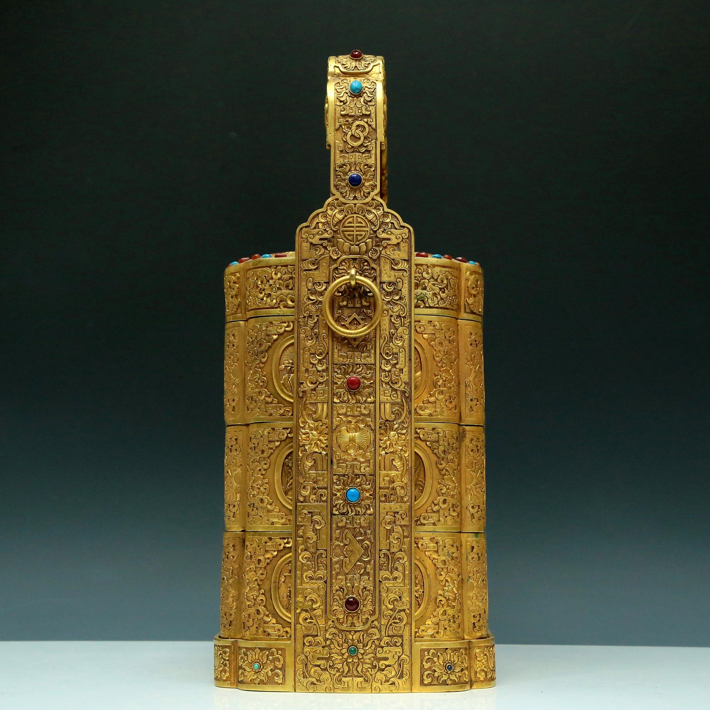 A Magnificent Gilt-Bronze Gem-Inlaid 'Landscape& Figure' Box With An Overhead Handle