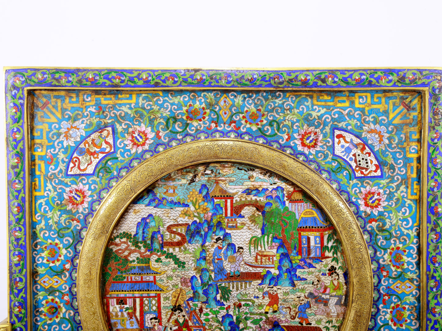 A rare cloisonné 'landscape and figures' table screen