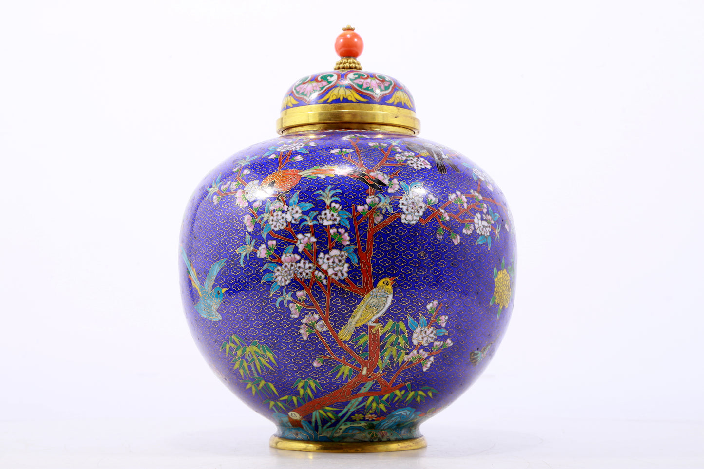 A perfect cloisonné 'flower and bird' pattern jar with lid