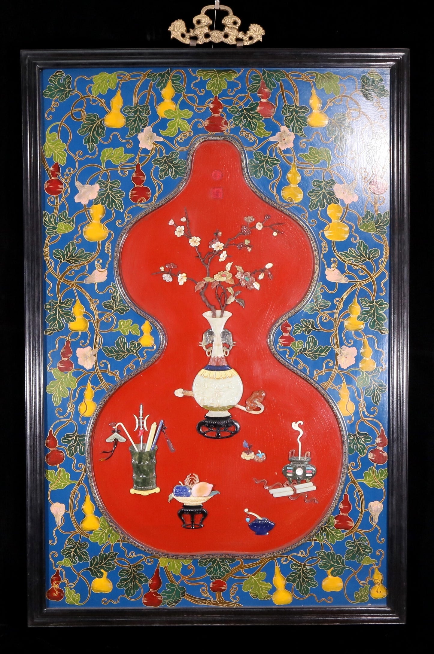An exquisite zitanwood painted gourd hanging screen with inlaid gems