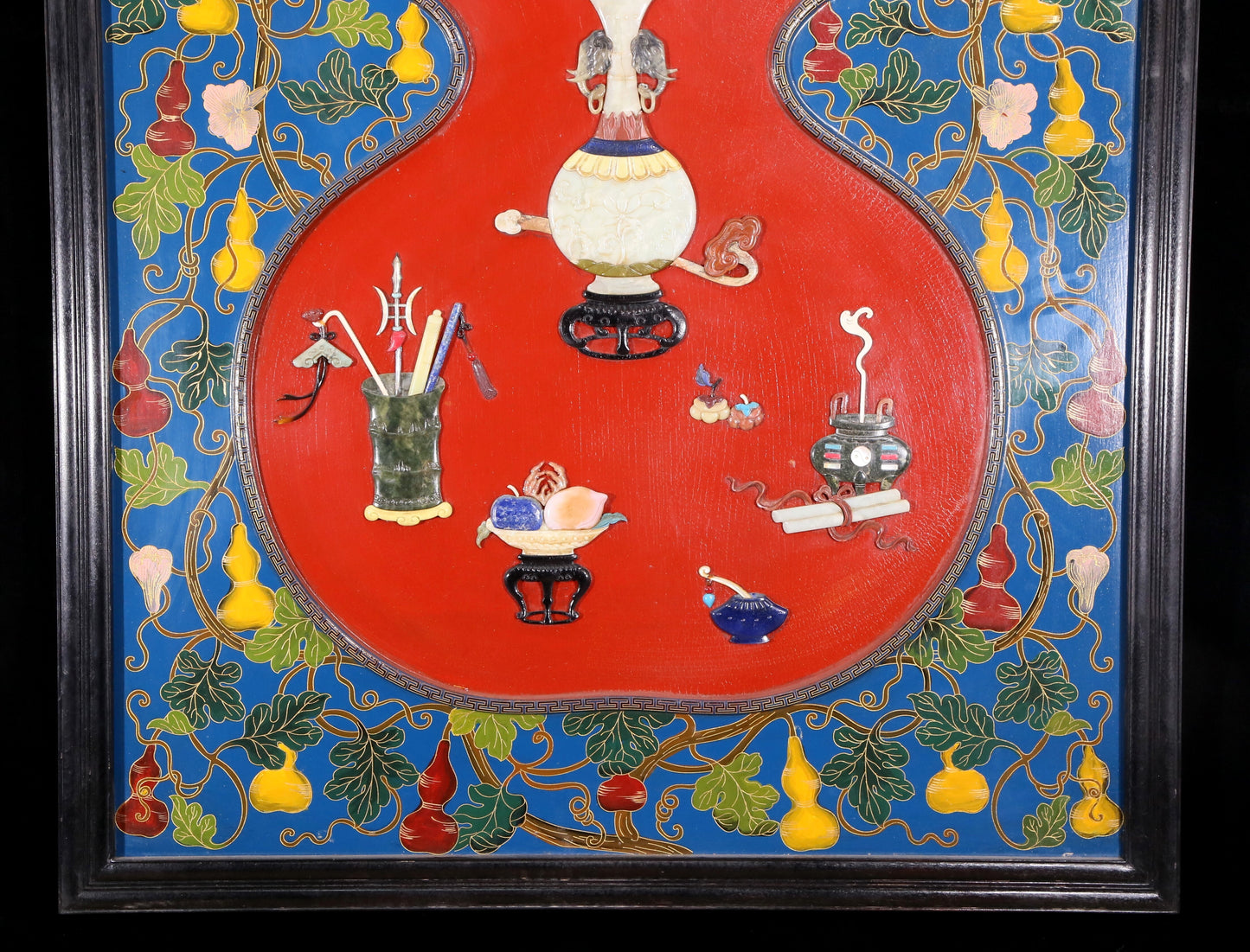 An exquisite zitanwood painted gourd hanging screen with inlaid gems
