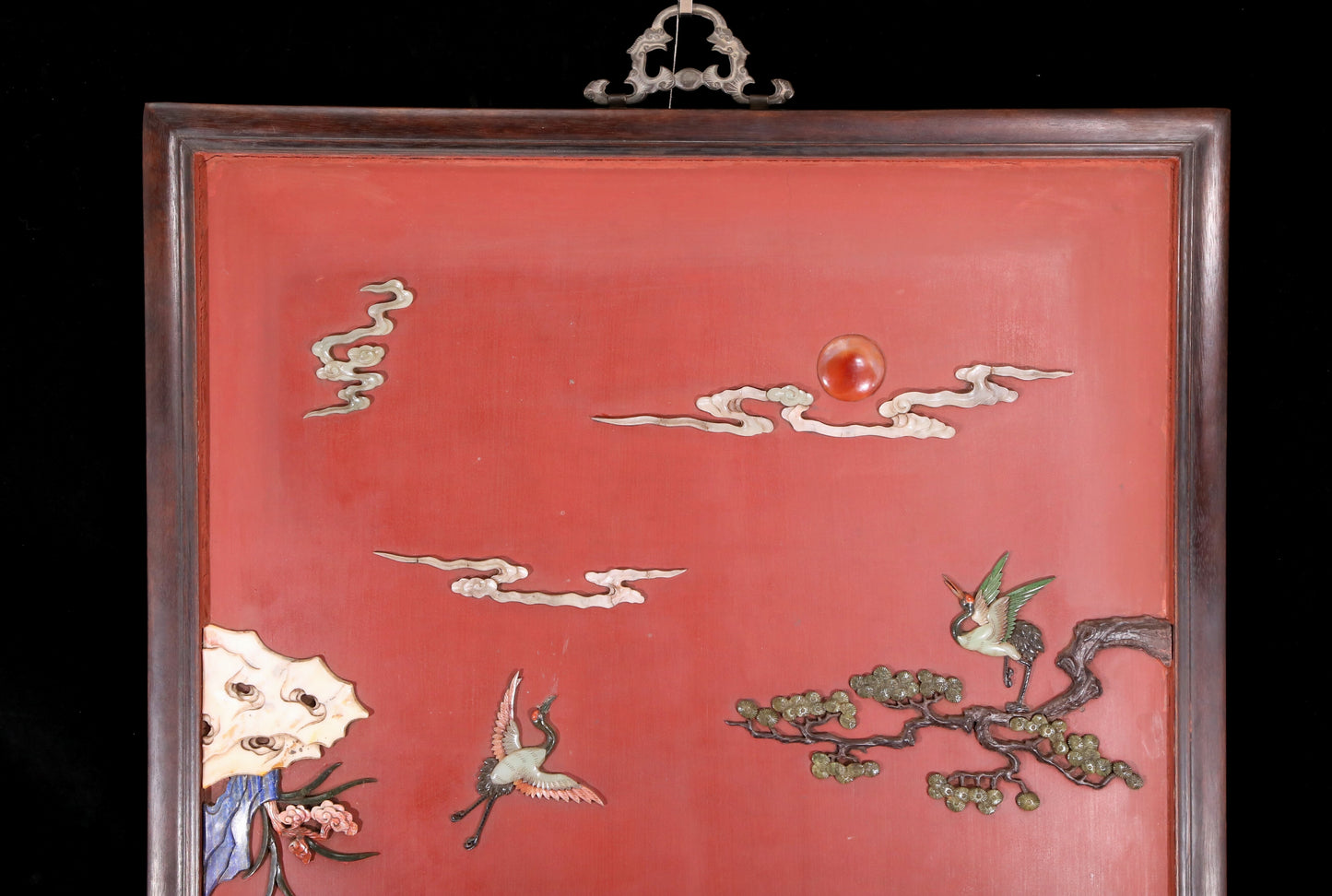 An exquisite zitanwood wood lacquer-embedded hanging screen with landscape, flower and bird patterns
