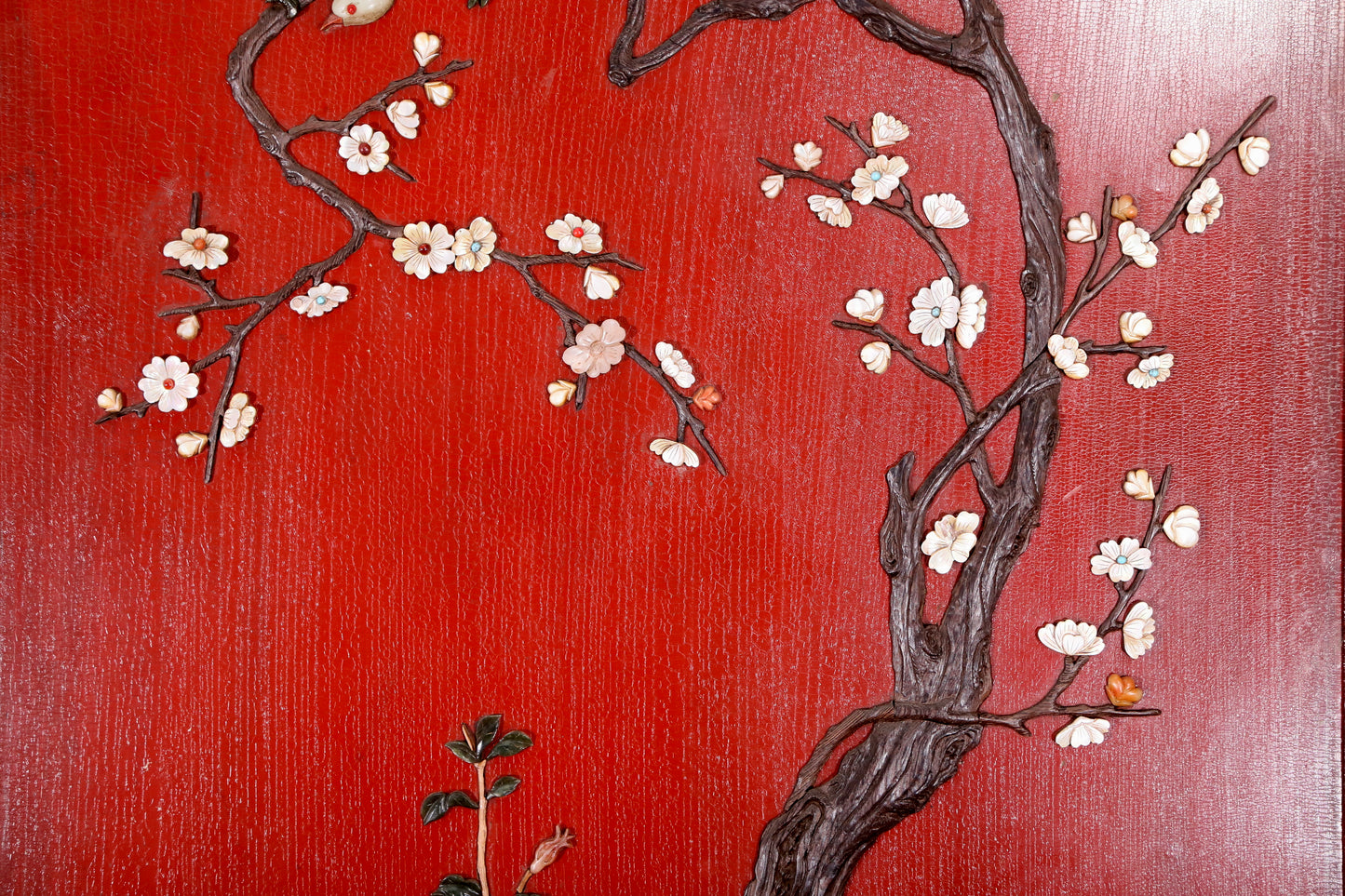 An exquisite zitanwood wood lacquer-embedded hanging screen with landscape, flower and bird patterns