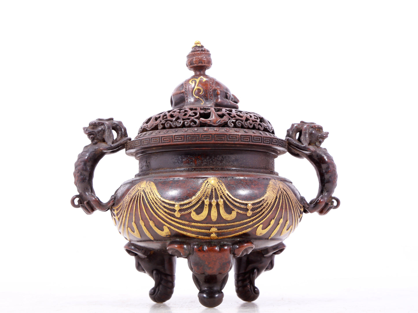 An exquisite gilt bronze elephant-patterned two-eared and tripod censer with lid
