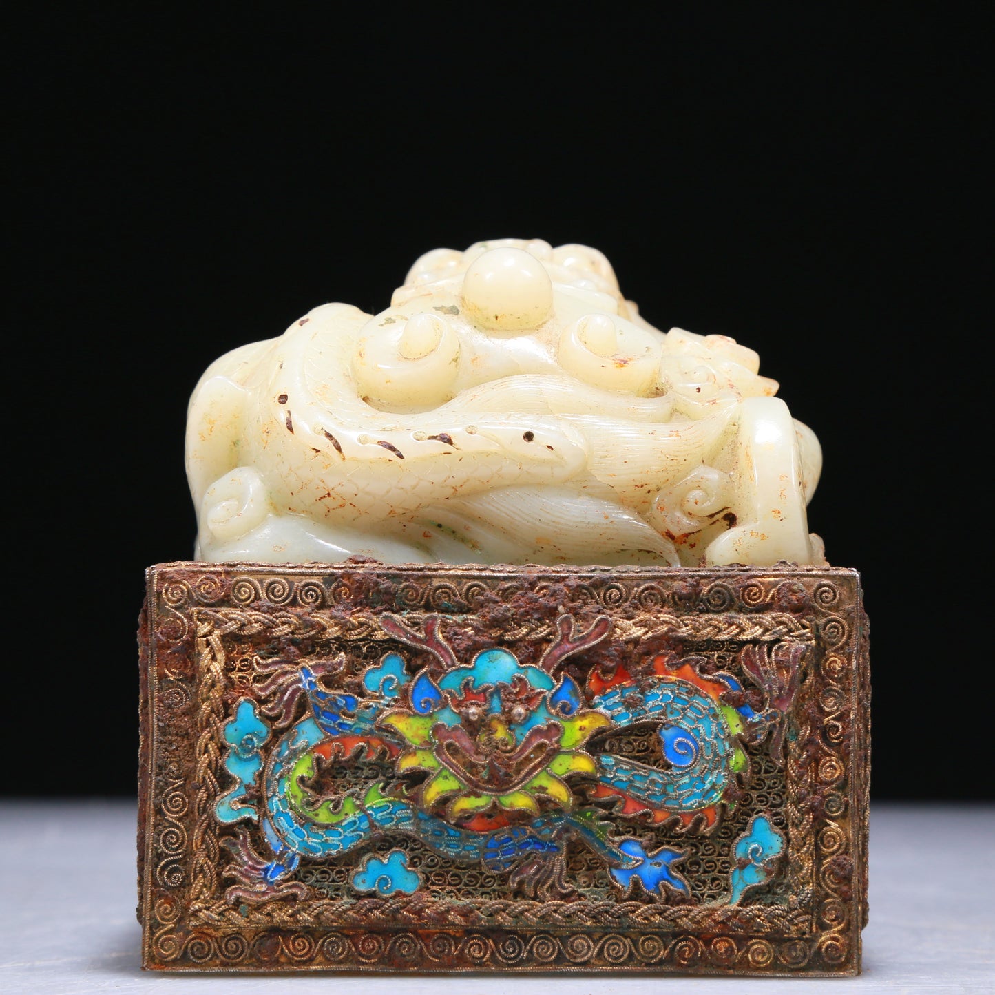 An Elaborate White Jade Gold-Mounted Blueing 'Dragon' Seal With A Gilt-Bronze 'Dragon' Stand
