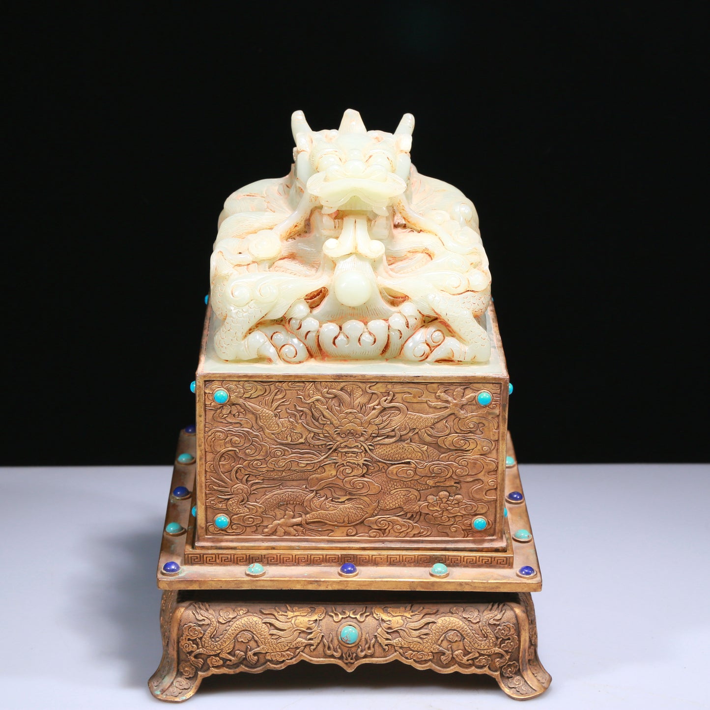 An Elaborate White Jade Gilt-Bronze-Mounted 'Dragon' Seal