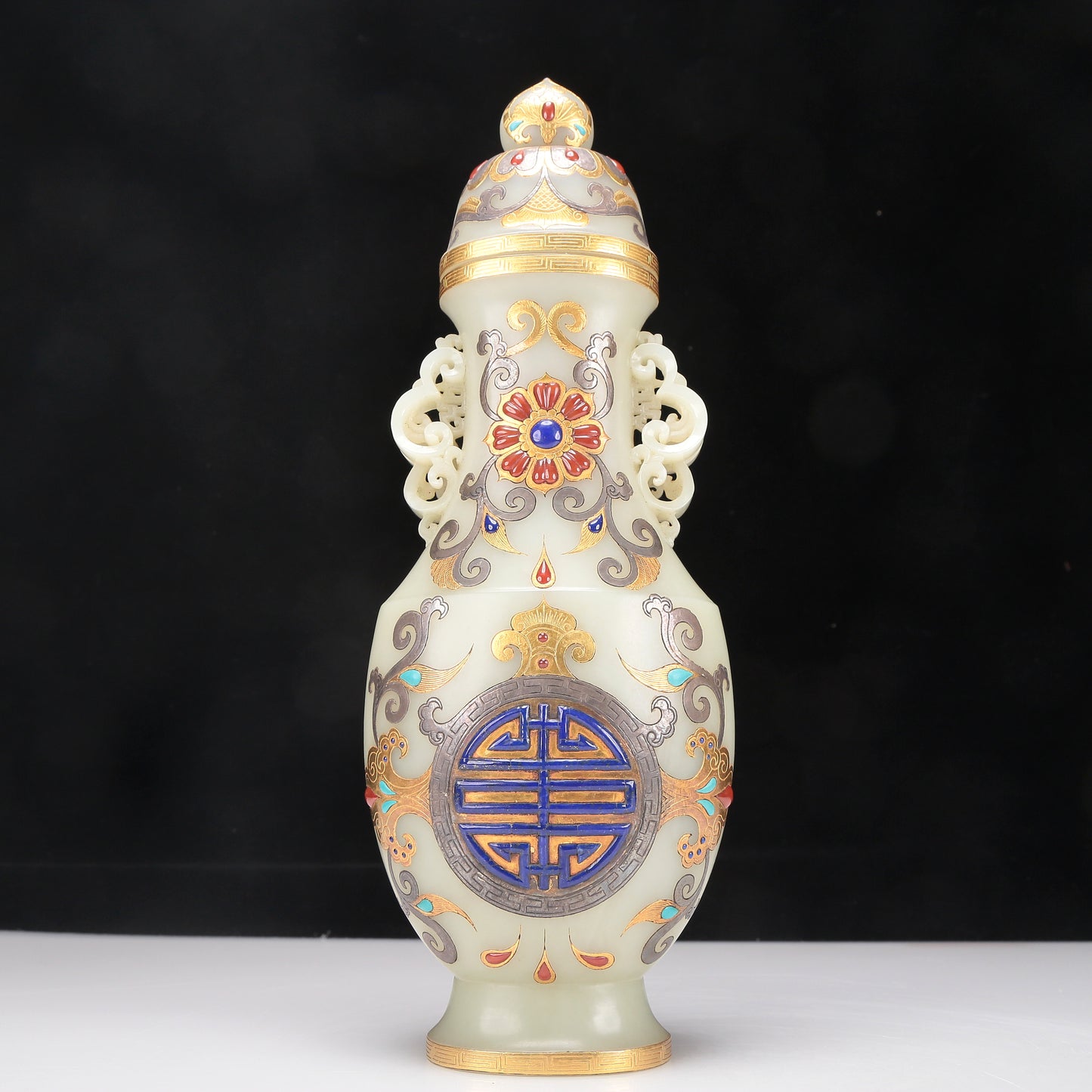 A Fabulous White Jade Gold& Silver-Mounted Gem-Inlaid 'Scrolling Lotus' Vase And Cover