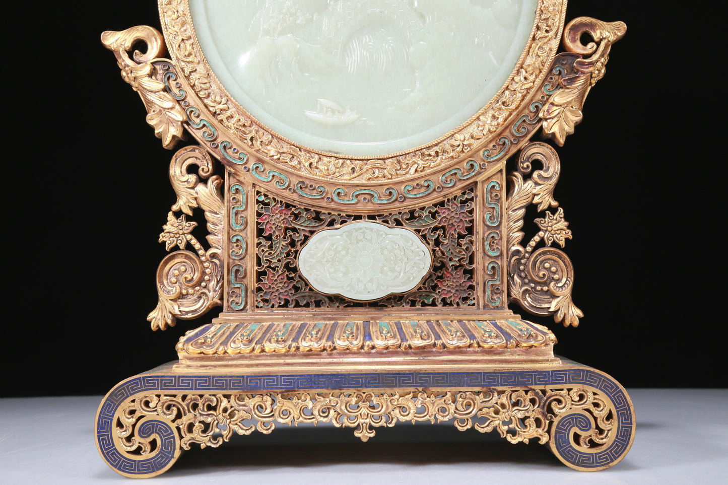 A Fabulous Cloisonne White Jade-Inlaid 'Landscape' Table Screen With Imperial Poem Inscriptions From Qianlong Period