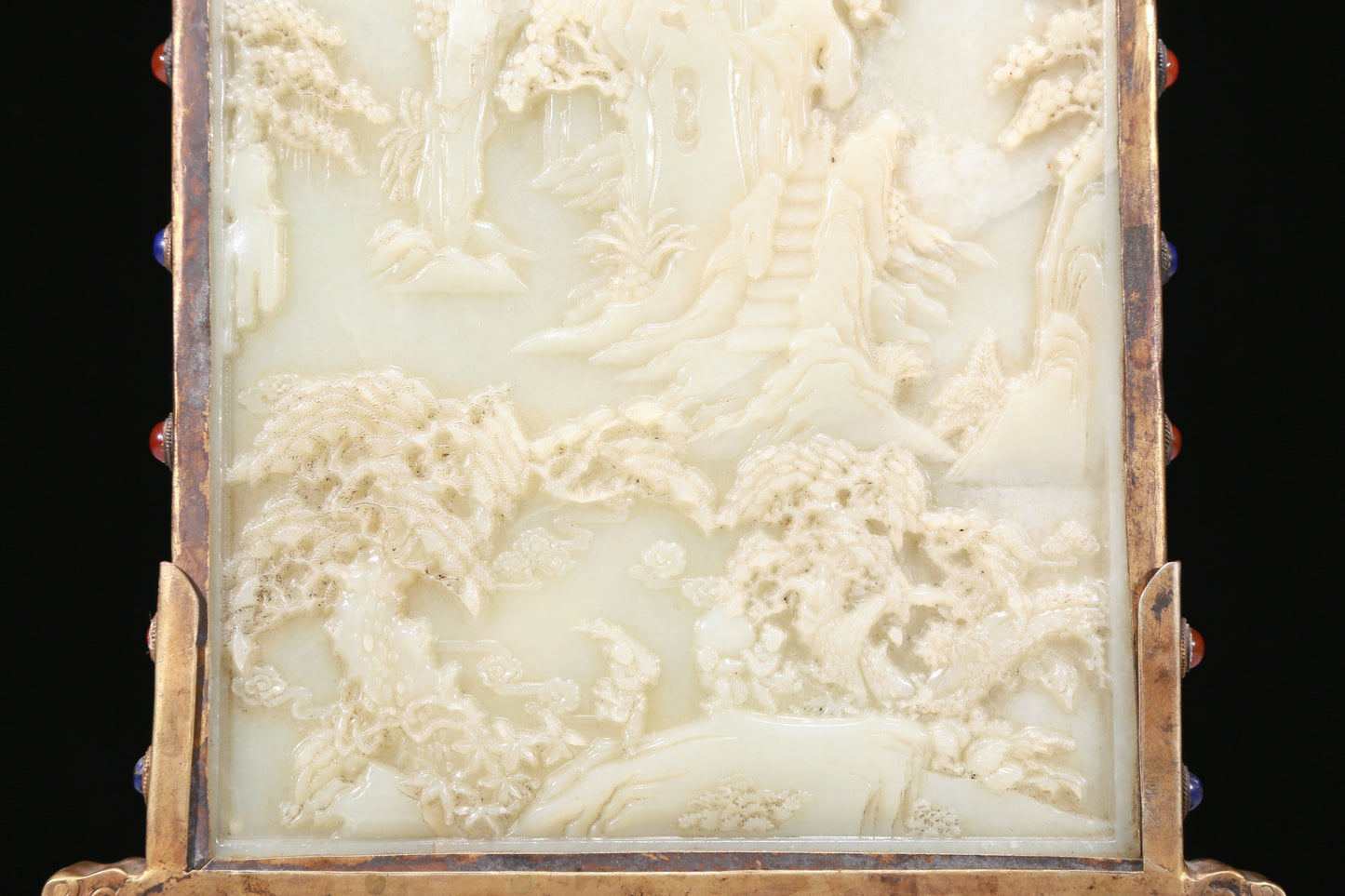 A Fabulous Gilt-Bronze White Jade-Inlaid 'Landscape' Table Screen With Poem Inscriptions