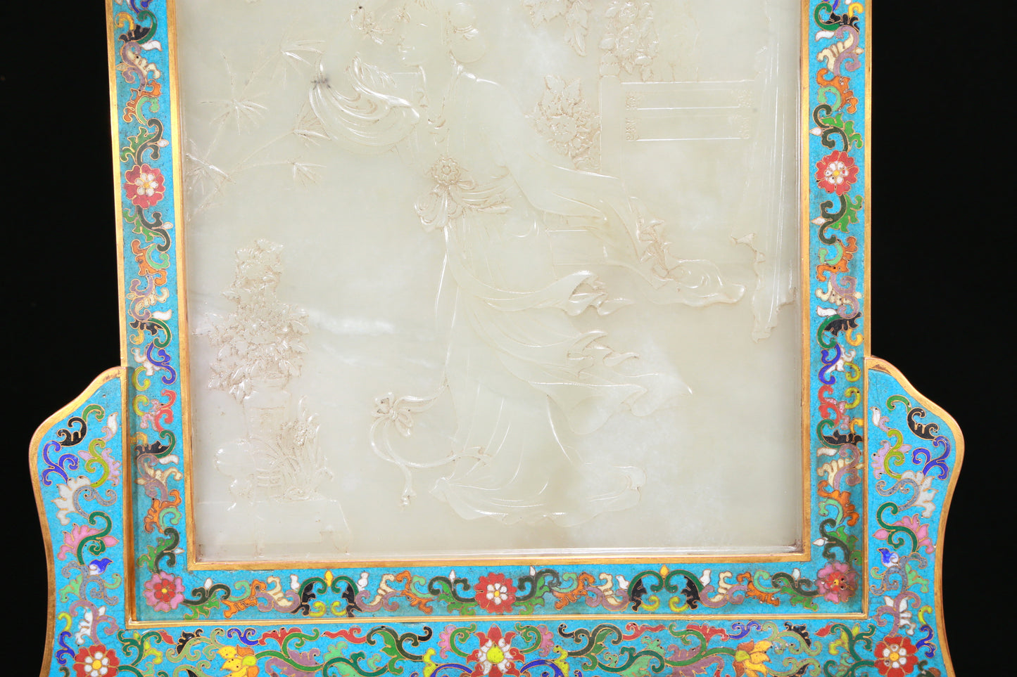 An Exquisite Cloisonne White Jade-Inlaid 'Figure' Table Screen With Imperial Poem Inscriptions From Qianlong Period