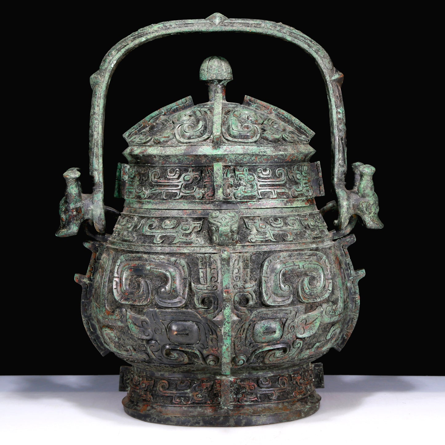A Huge Archaic Bronze 'Animal Mask' Beast-Handled Pot With Inscriptions
