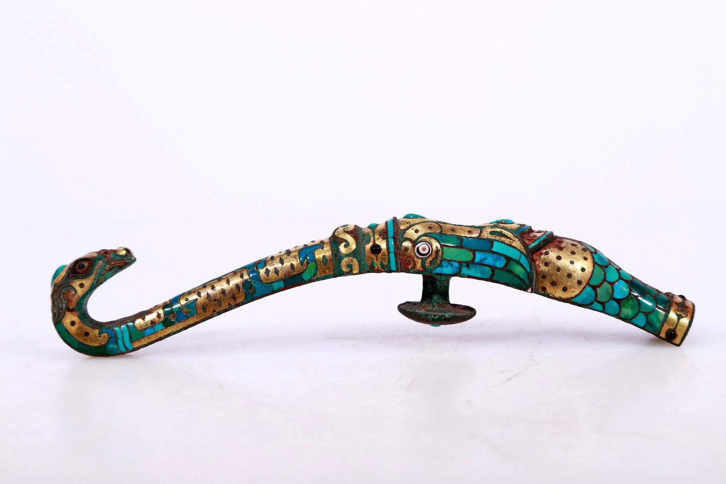 An Archaic Bronze Gold& Turquoise-Inlaid 'Auspicious Beast' Belt-Hook