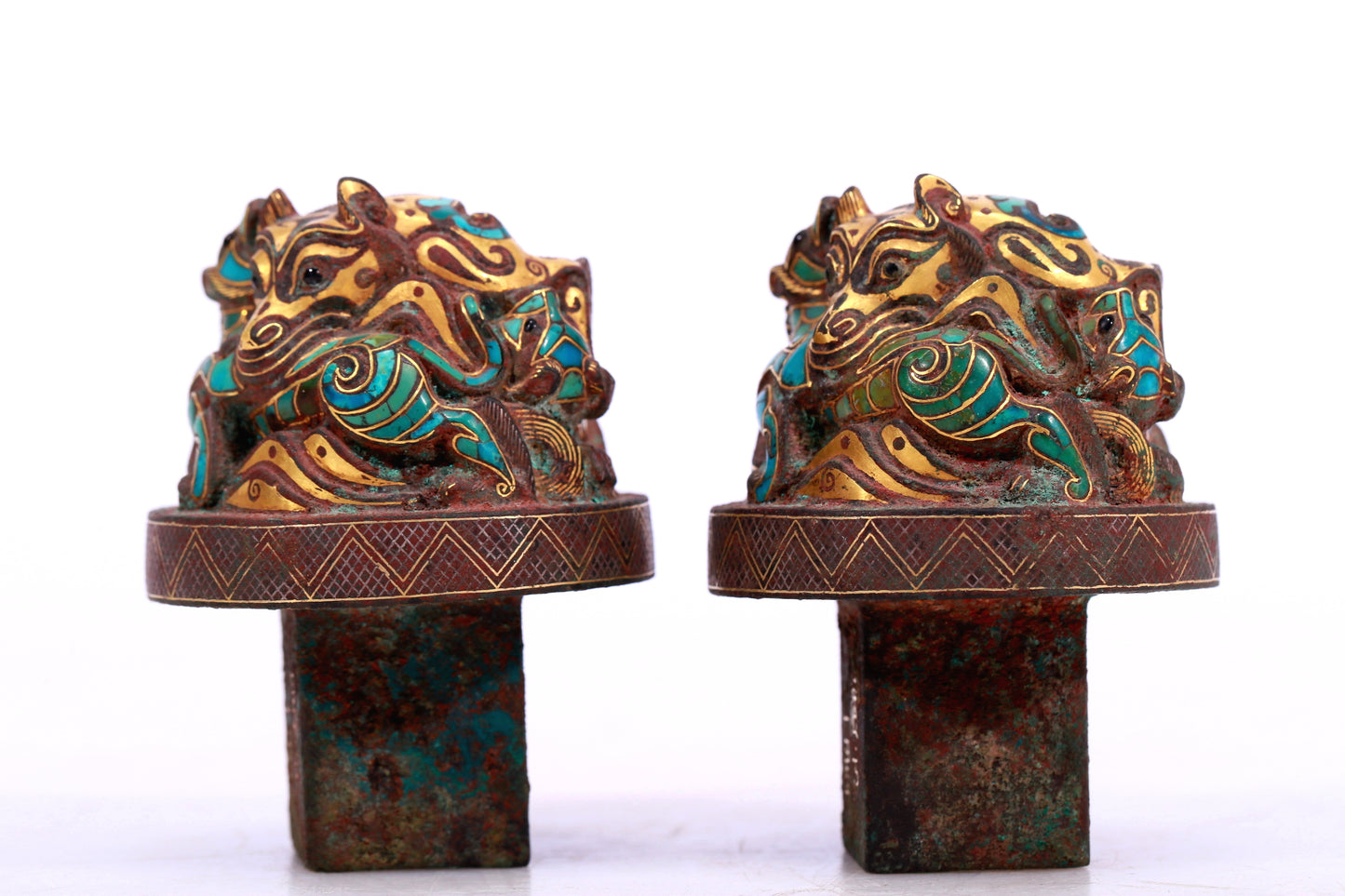 An Archaic Pair Of Bronze Gold& Turquoise-Inlaid 'Auspicious Beast' Belt-Hooks With Inscriptions