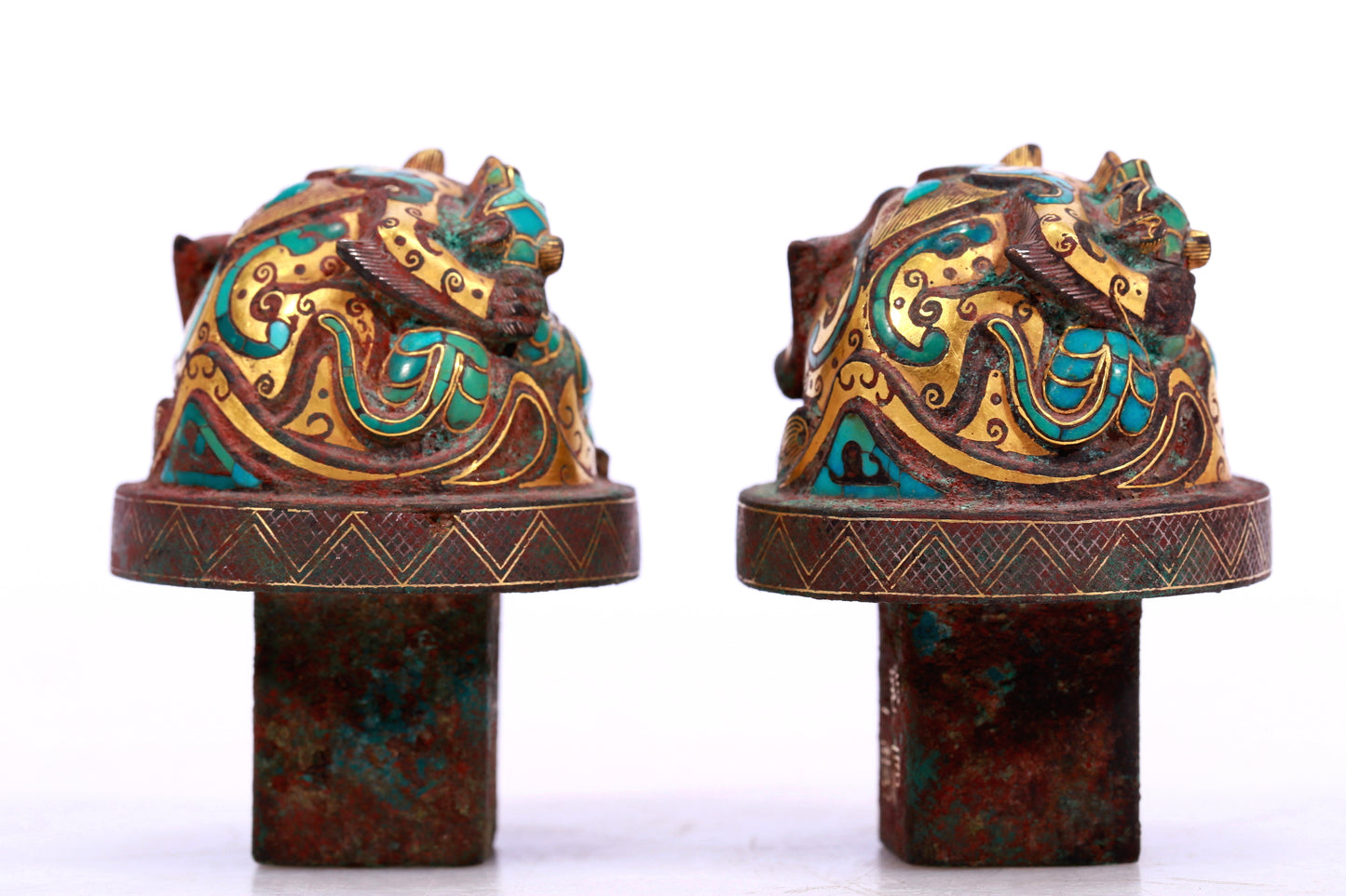 An Archaic Pair Of Bronze Gold& Turquoise-Inlaid 'Auspicious Beast' Belt-Hooks With Inscriptions