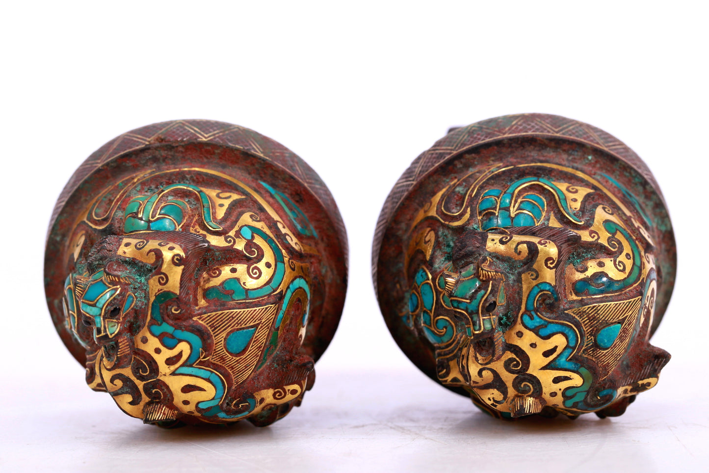 An Archaic Pair Of Bronze Gold& Turquoise-Inlaid 'Auspicious Beast' Belt-Hooks With Inscriptions
