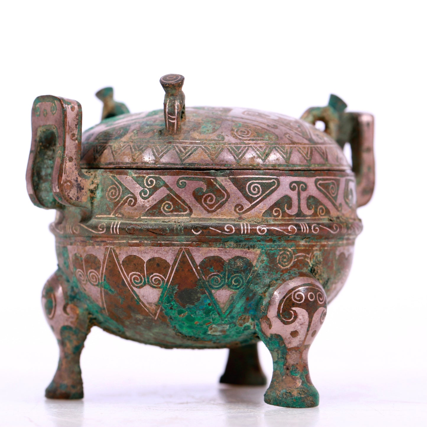 An Archaic Bronze Silver-Inlaid 'Auspicious Cloud' Tripod Censer And Cover