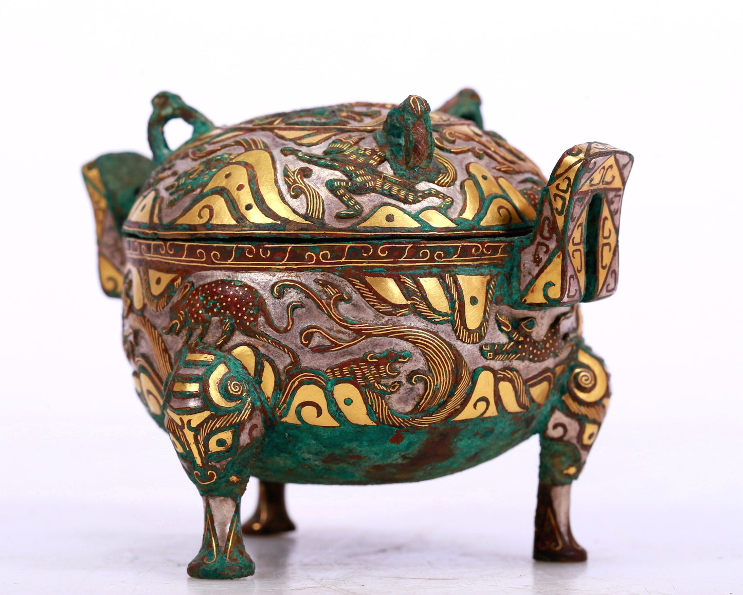 An Archaic Bronze Gold-Inlaid 'Auspicious Beast' Tripod Censer And Cover