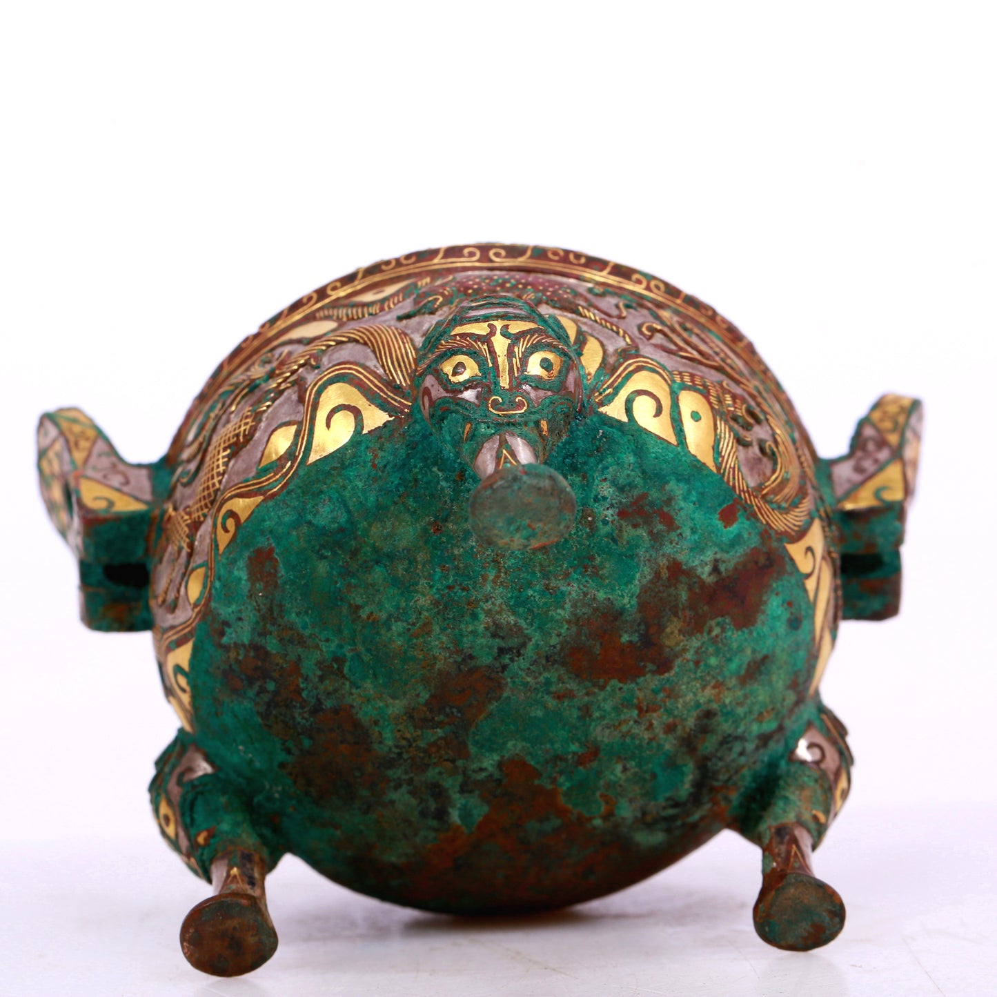 An Archaic Bronze Gold-Inlaid 'Auspicious Beast' Tripod Censer And Cover