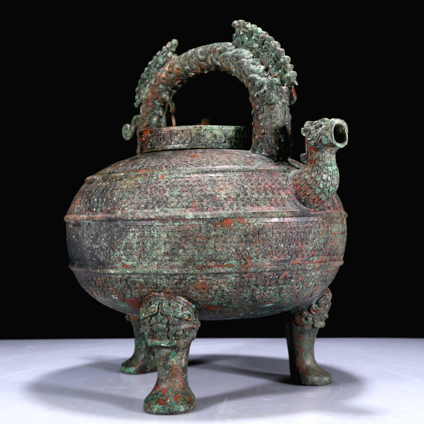 A Superb Bronze 'Dragon' Tripod Ewer With Inscriptions