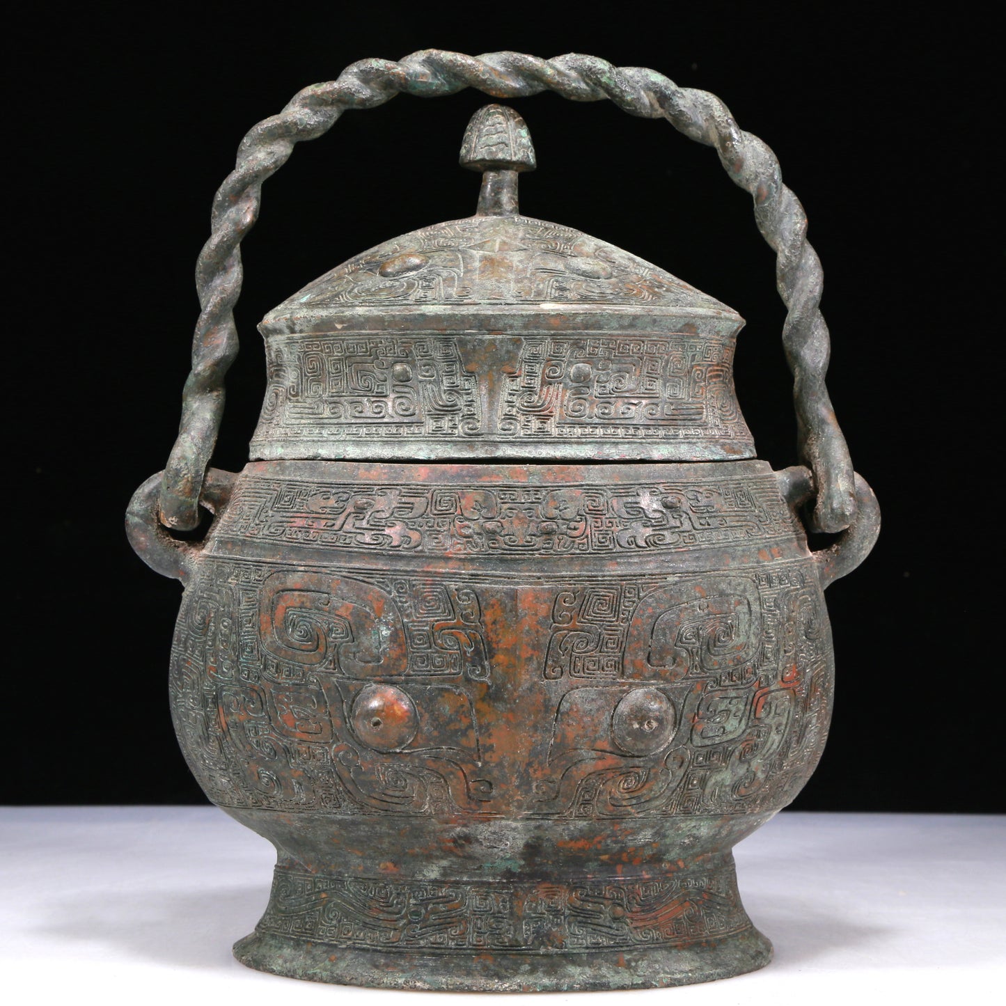 A Wonderful Bronze 'Animal Mask' Jar With Inscriptions And An Overhead Handle