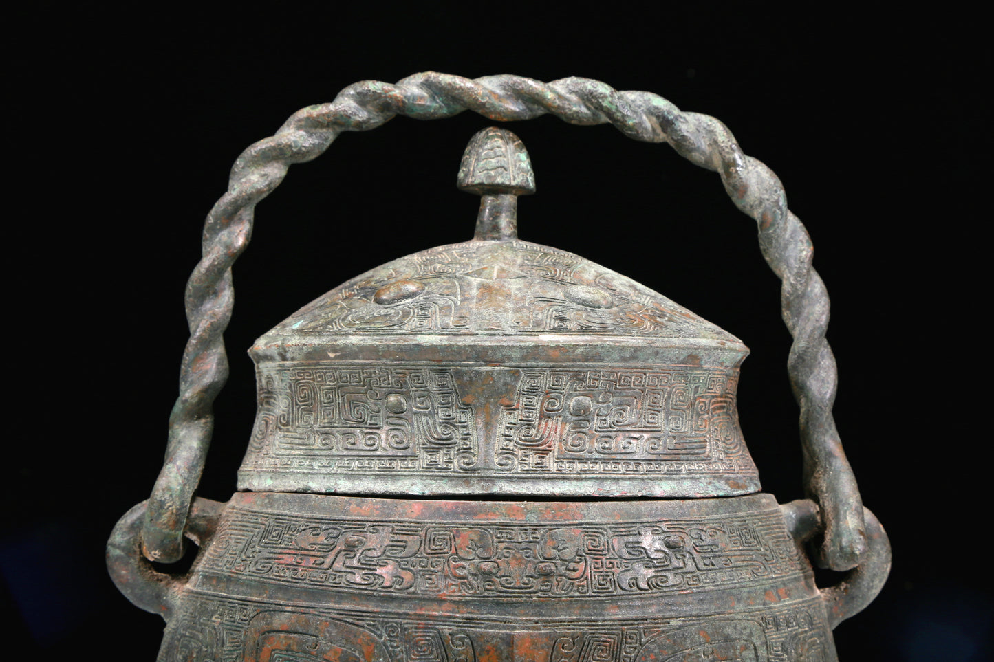 A Wonderful Bronze 'Animal Mask' Jar With Inscriptions And An Overhead Handle