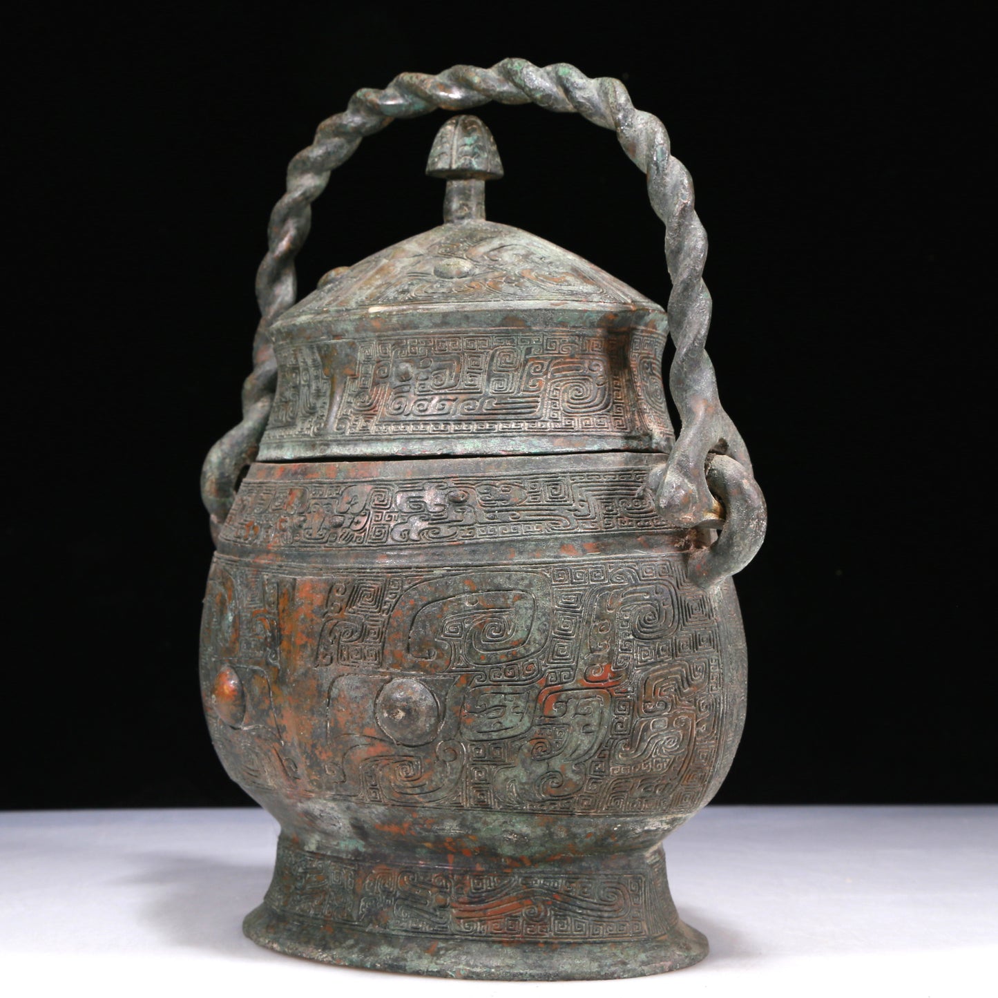 A Wonderful Bronze 'Animal Mask' Jar With Inscriptions And An Overhead Handle