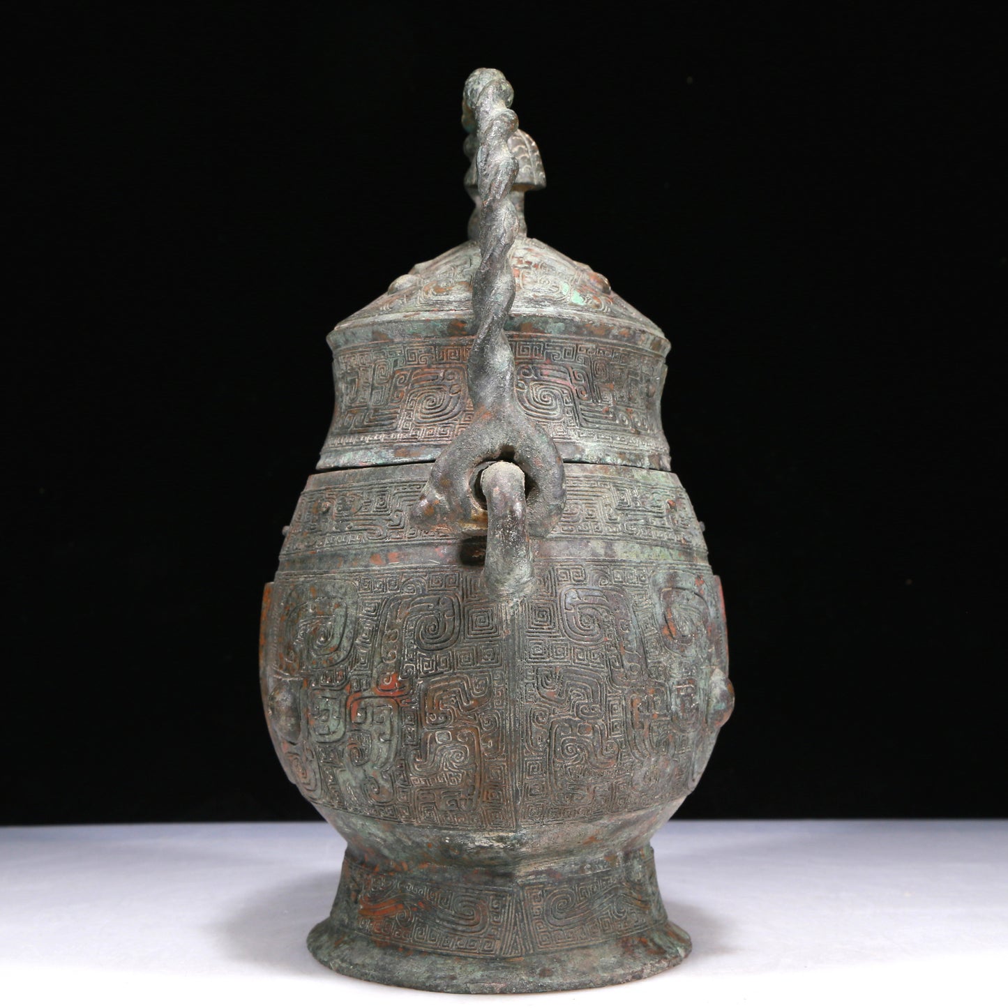 A Wonderful Bronze 'Animal Mask' Jar With Inscriptions And An Overhead Handle