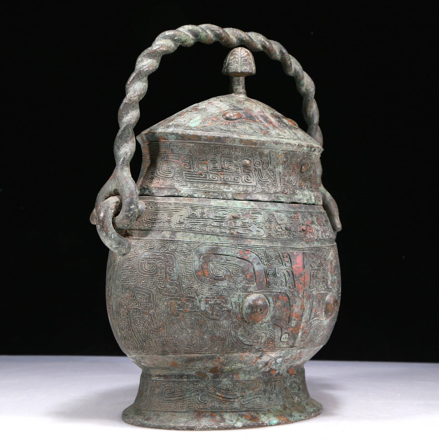 A Wonderful Bronze 'Animal Mask' Jar With Inscriptions And An Overhead Handle