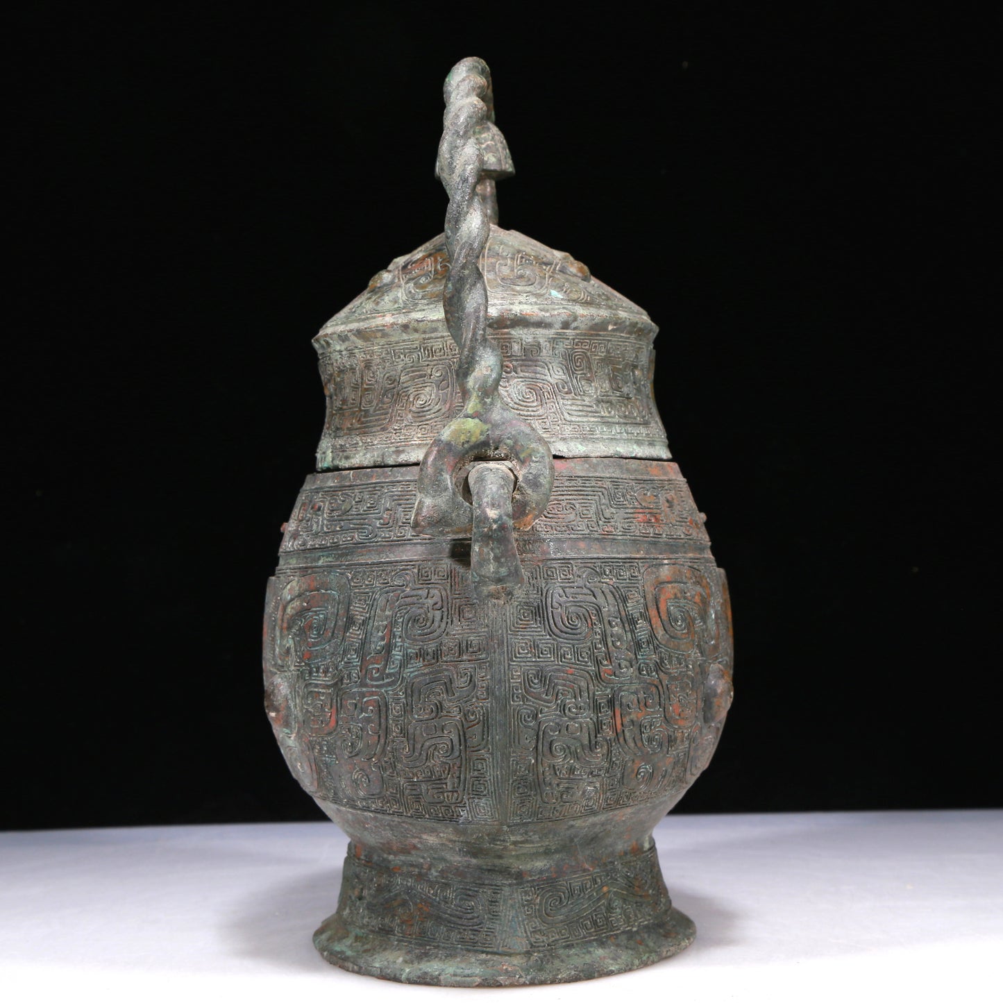 A Wonderful Bronze 'Animal Mask' Jar With Inscriptions And An Overhead Handle