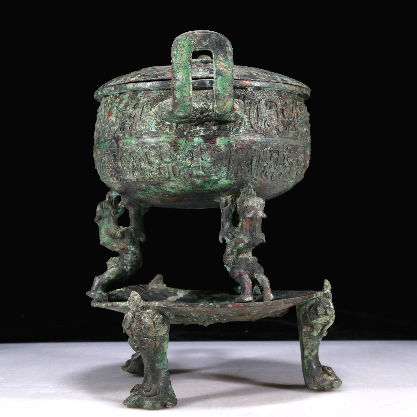 An Excellent Bronze 'Auspicious Beast' Tripod Censer And Cover