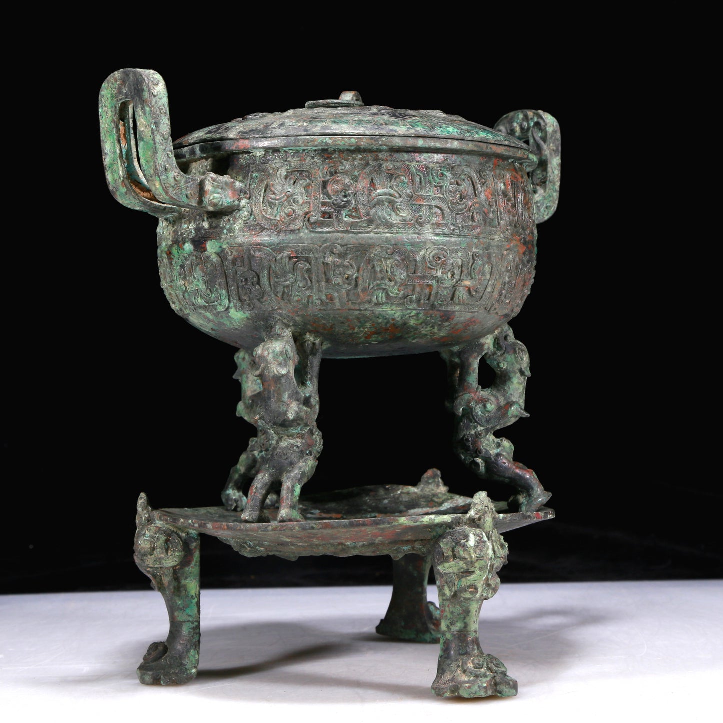An Excellent Bronze 'Auspicious Beast' Tripod Censer And Cover